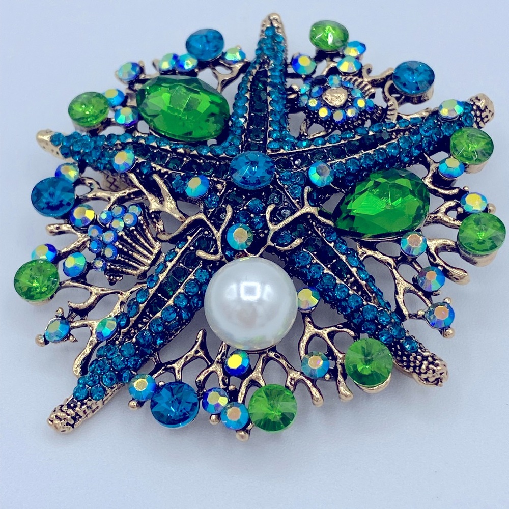 Vintage Style Rhinestone And Faux Pearl Starfish Statement Brooch/ Pin 3” By 3”